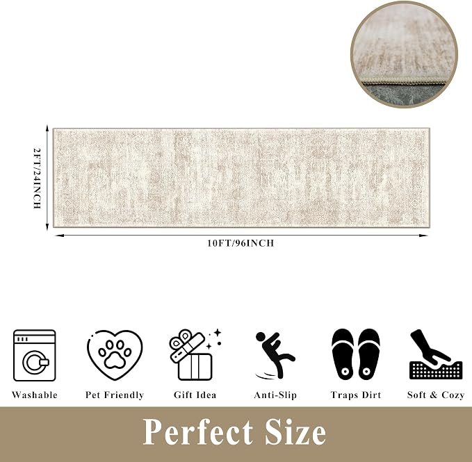 Runner Rug 2x10 Washable Non-Slip Hallway: Vintage Boho Carpet with Rubber Backing for Kitchen Entryway Hall Holiday Farmhouse Neutral Cream Long Runners (Cream/Beige,2'x10')