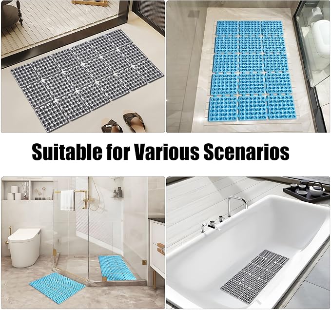 Non Slip Shower Mat for Bathtub with Strong Suction Cups | Quick-Dry Drain holes.Firm Yet Elastic Surface Massages Feet.Boosts Circulation.Sticks to Wall to Dry,Folds.31.5"x15.6" Gray