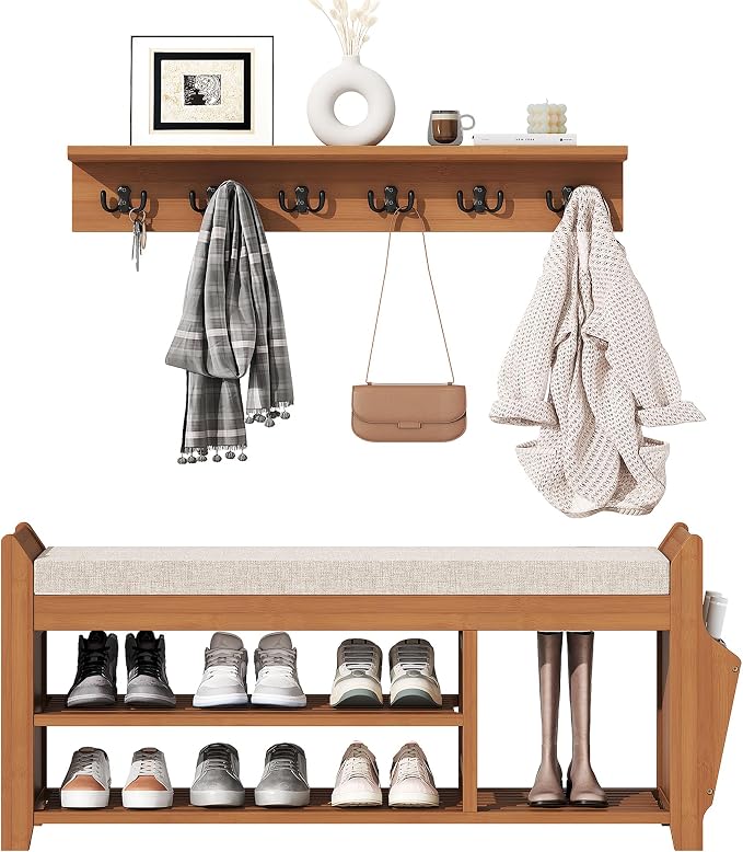 PETKABOO 39.4" Shoe Bench with Coat Rack Hidden Drawer and Side Holder, 2 Tier Entryway Bench with Storage, Bamboo Shoe Rack with Cushion for Entryway Hallway Living Room Bedroom