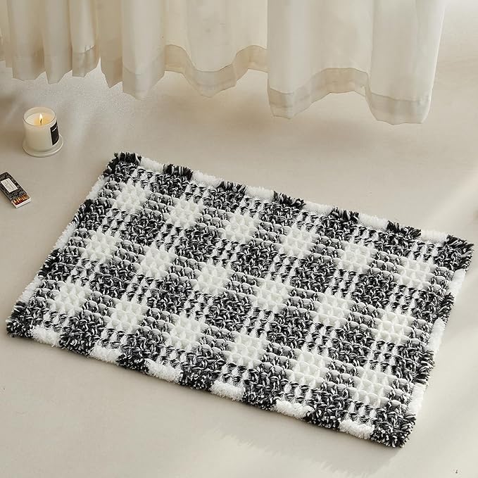 TYUU Waffle Bath Mat, Boho Bathroom Rugs Non Slip Washable Absorbent Checkered Bathroom Mat Quick Dry Farmhouse Bathroom Decor, 24"x16" Black and White