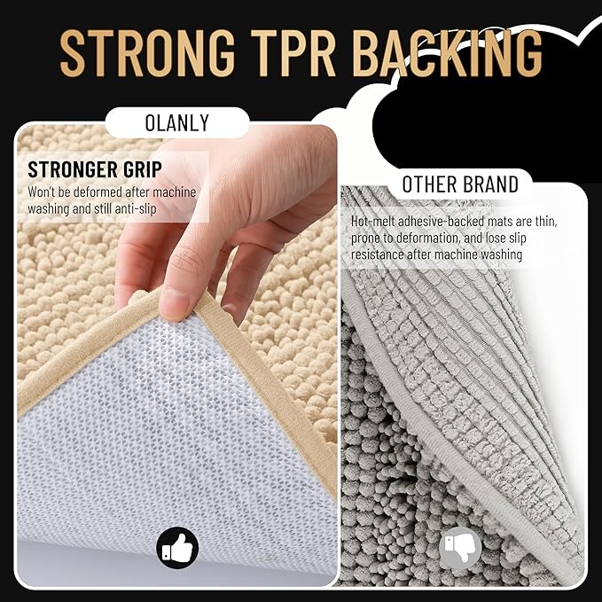 OLANLY Thick Large Bathroom Rugs 44x32, Extra Soft Absorbent Chenille Striped Bath Rugs, Rubber Backing, Machine Wash Dry, Bath Mats for Bathroom Floor, Tub and Shower, Home Decor Accessories, Beige