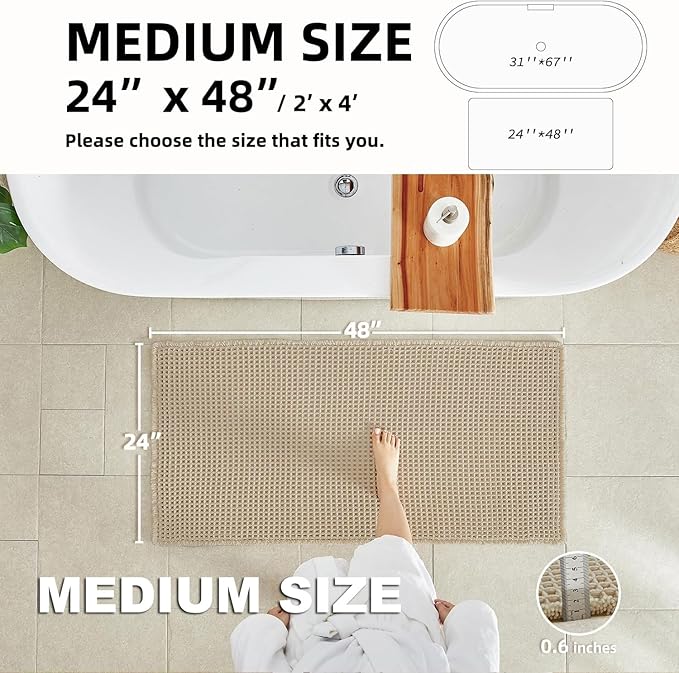 TYUU Pale Beige Bathroom Rug, Waffle Bath Mat Non Slip Washable Super Absorbent Quick Dry Boho Farmhouse Bathroom Decor, 48''x24'' / 4'x2' Pale Beige