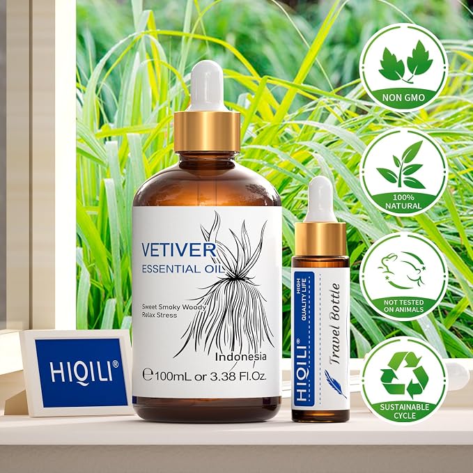 HIQILI 100ML Vetiver Essential Oil, 100% Pure Natural for Diffuser Calm and Relation- 3.38 Fl Oz