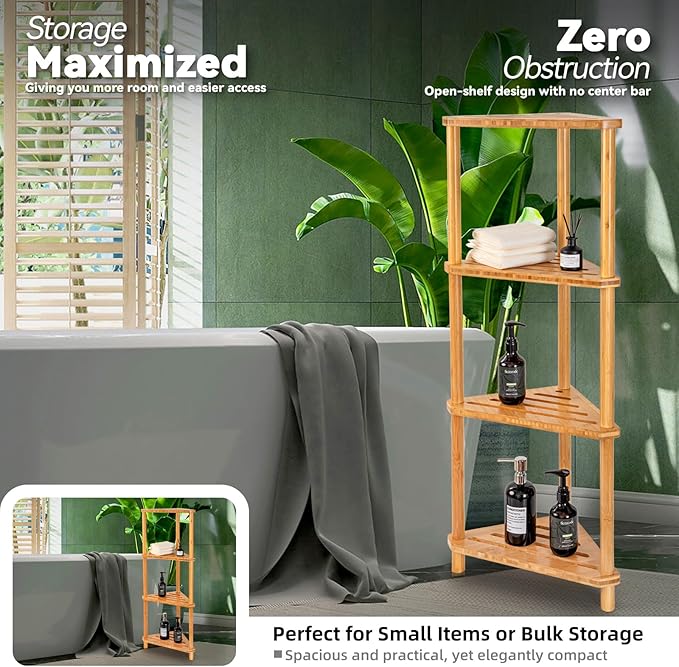 GUGIGP 4-Tier Corner Shower Caddy Stand Bamboo,Standing Corner Shower Shelf,Shower Organizer,Shower Storage Shlves,Waterproof & Durable,Space-Saving Design for Bathroom Kitchen or Living Room