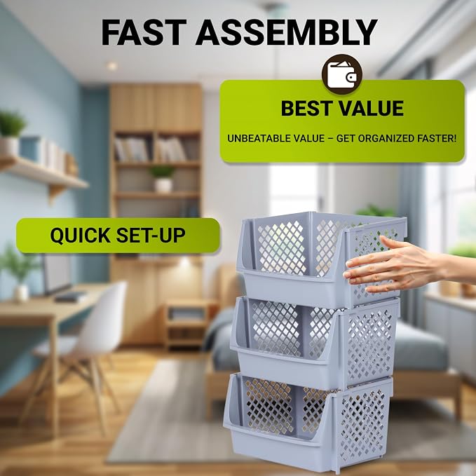 TidyFriend 3 Pk XLarge Stackable Storage Bins Open Front for Pantry Organizers & Storage, Pantry Storage for Food, Kitchen & Home Organization, Plastic Storage Bins, Dorm Room Essentials (Light Grey)