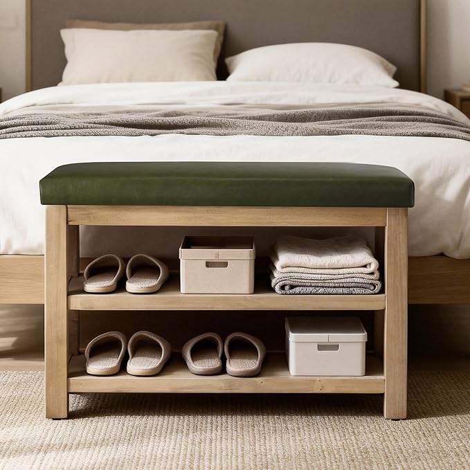 Zihanhome Shoe Rack Bench with Leather Cushion, 2 Tier Solid Wood Storage Bench, Mid-Century Modern Shoe Bench for Entryway, Hallway, Closet, Front Door Entrance, Foyer (Green, 31.5)