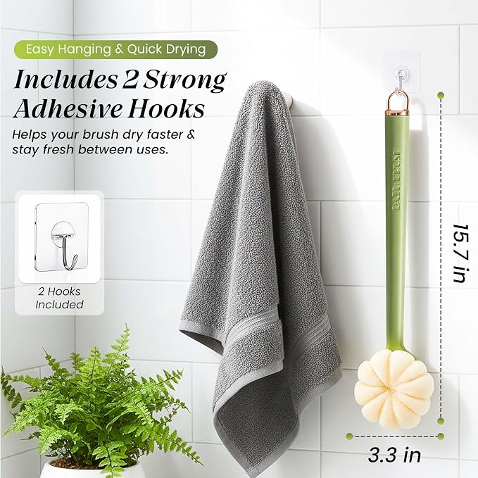 Back Scrubber for Shower with Long Handle (15.7”) – Dual-Sided Bath Brush with Loofah Sponge, Replaceable Heads, Easy Reach for Back & Body, Includes 2 Wall Hooks