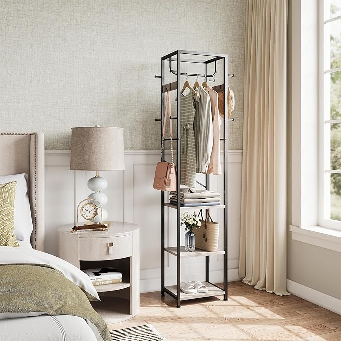 ELYKEN Coat Rack Freestanding, Hall Tree with 3 Storage Shelves and 12 Hooks, Industrial Clothes Rack Stand Organizer for Bedroom, Hallway, Entryway, Office, Living Room, Greige