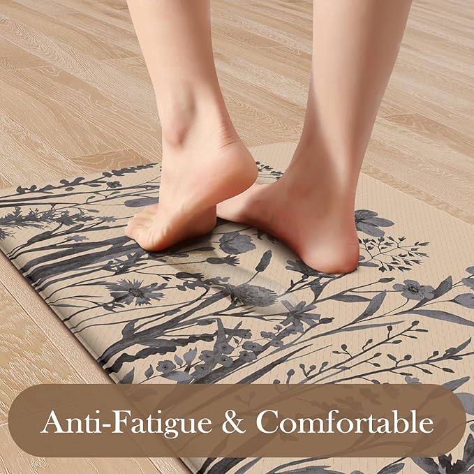 KIMODE Kitchen Anti Fatigue Mats, Farmhouse Kitchen Rugs Sets of 2, Memory Foam Kitchen Mats for Floor, Waterproof Standing Mat for Sink, Laundry, Office, Desk Brown/Gray 17"x59"+17"x29"