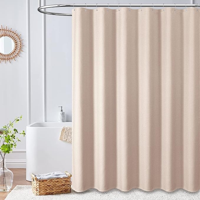 Dynamene Extra Wide Shower Curtain - 108 Inch Wide Waffle Weave Weighted Thick Cloth Bathroom Shower Curtain, Neutral Heavy Duty Hotel Bath Curtain Set with 18 Plastic Hooks, 108x72, Rose
