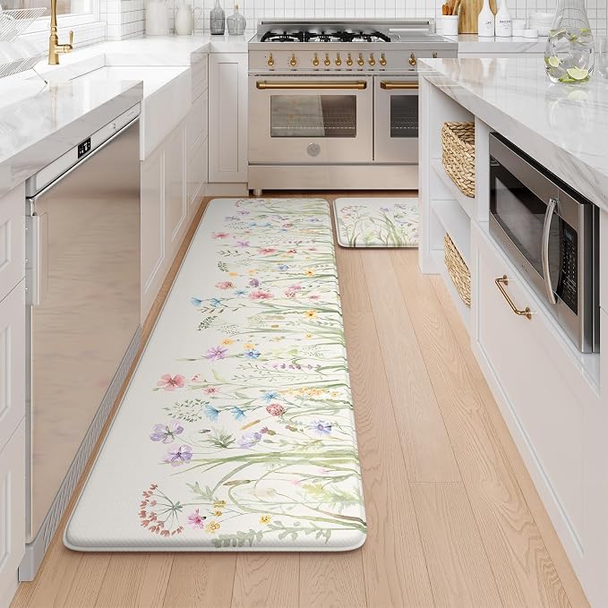 KIMODE Anti Fatigue Kitchen Mats for Floor, Farmhouse Floral Kitchen Rugs Set of 2, 17"x59"+17"x29" Kitchen Floor Mats Non-Slip, Cushioned Standing Mat for Sink, Laundry, Desk, Home White