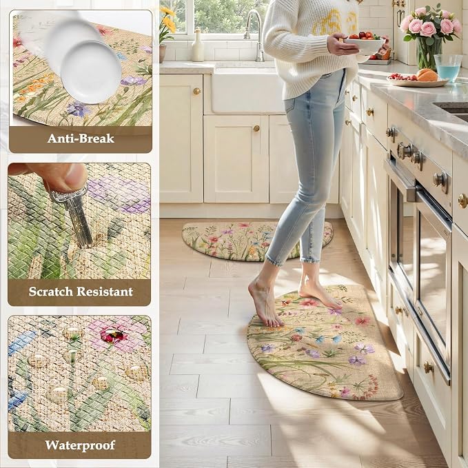 KIMODE Kitchen Mats for Floor Anti Fatigue, 18"x28" Half Round Cushioned Kitchen Floor Mats, Ergonomic Waterproof Standing Mats, Boho Kitchen Rugs Sets of 2 Non Skid for Laundry Office Light Brown