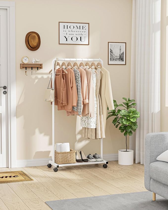 Sakugi Clothes Rack - Clothing Rack with Storage Mesh Shelf & Casters, Heavy-Duty Metal Clothing Rack for Hanging Clothes, Dresses, Coats, Large Load Capacity, Easy Assembly, White, 28.0"x16.9"x59.0"