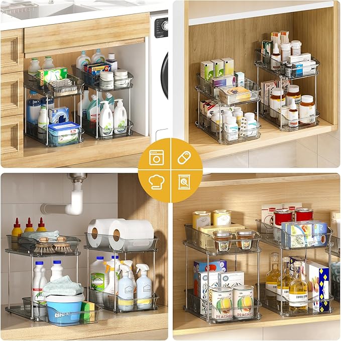 Delamu 2-Tier Under Sink Organizers and Storage, Multi-Purpose Stackable Bathroom Cabinet organizers, Pull Out Kitchen Pantry Organization and Storage with Dividers(2 Pack, Grey)