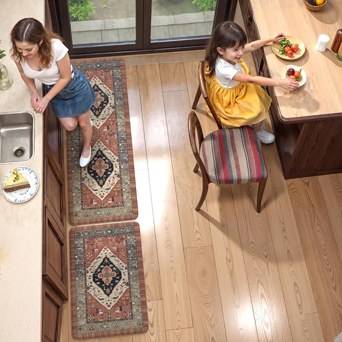 KIMODE Anti Fatigue Kitchen Mats for Floor, Red Boho Distressed Kitchen Rugs Sets of 2, Non Slip Waterproof Kitchen Floor Mats, Comfort Mats for Kitchen Floor Sink Laundry Desk 20"x59"+20"x32"