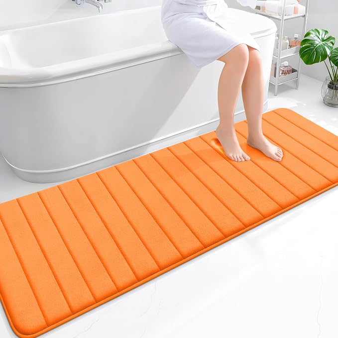 OLANLY Memory Foam Long Bathroom Rugs Runner 70x24, Super Soft Absorbent Bath Mat, Quick Dry, Machine Washable Shower Floor Rugs, Bathmat Carpet, Bathroom Home Decor Accessories, Orange