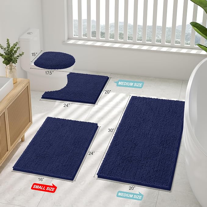 Smiry Bathroom Rugs Sets 2 Piece, Soft Absorbent Chenille Machine Washable Non Slip Shaggy Bath Rug Set for Tub, Shower, and Floor (30x20+24x16, Navy Blue)