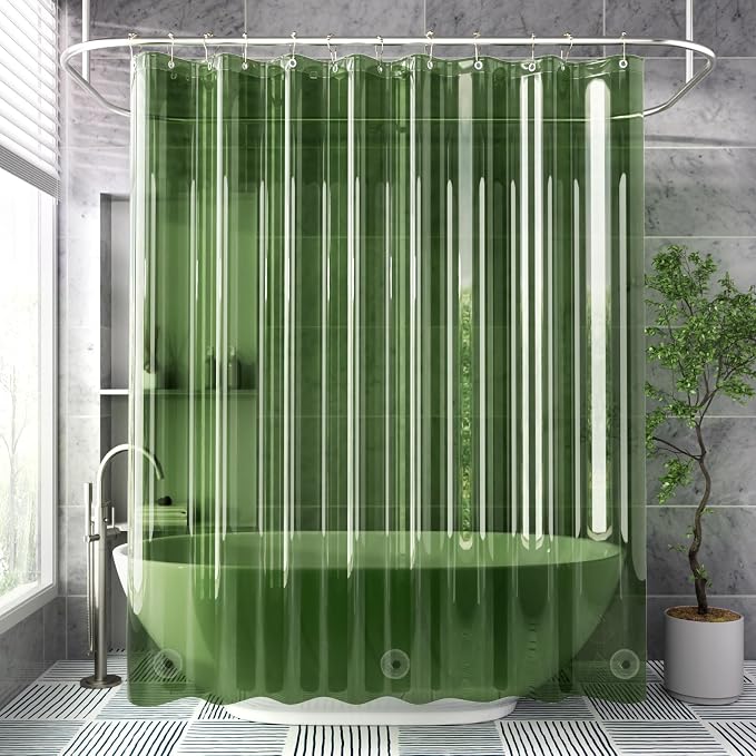 AmazerBath Shower Curtain Liner, 72x72 Transparent Pine Green Shower Liner, Lightweight Plastic Shower Curtain Liners, Waterproof Shower Liner for Bathroom with 3 Magnets and 12 Grommet Holes