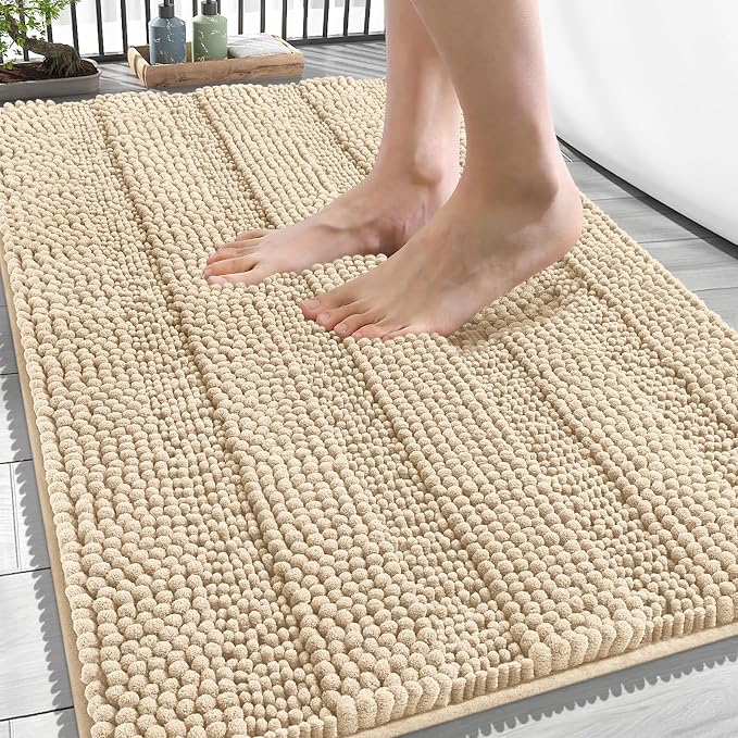 OLANLY Thick Bathroom Rugs 34x21, Extra Soft Absorbent Chenille Striped Bath Rugs, Rubber Backing, Machine Wash Dry, Bath Mats for Bathroom Floor, Tub and Shower, Home Decor Accessories, Beige