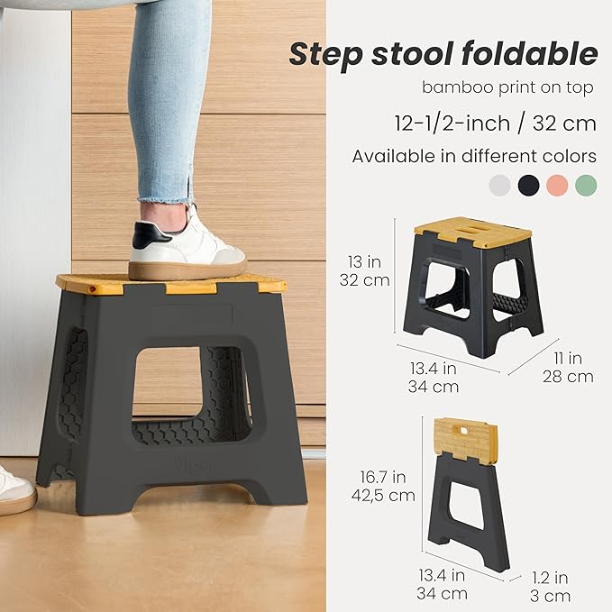 Vigar Compact Folding Step Stool - 12-1/2 Inch Foldable Step Stool for Adults, Lightweight Portable Stool with Handle, Non Slip Step Stool, Space-Saving Stool up to 330 lb - Black, Bamboo Print Top
