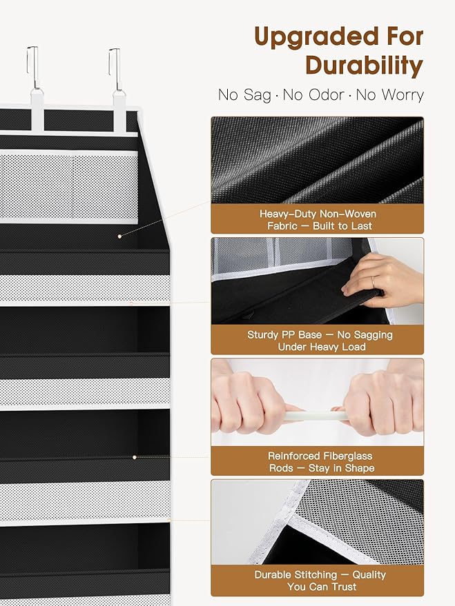 Criusia 2 Pack Over the Door Organizer, Heavy-Duty 6-Shelf Hanging Storage with 13 Mesh Pockets, 55lbs Capacity Behind the Door Storage for Nursery, Bathroom, Bedroom, and Dorm, Black