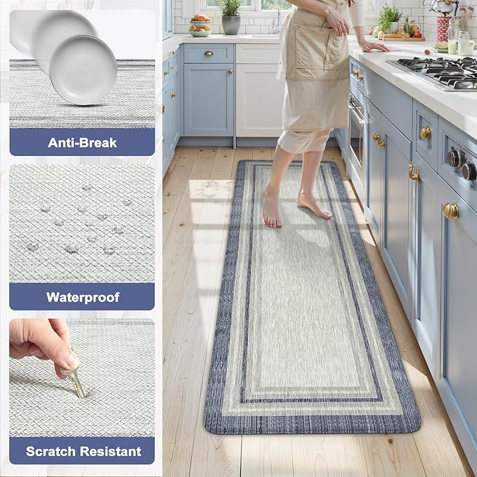 KIMODE Kitchen Mats for Floor Anti Fatigue, Blue Farmhouse Rugs for Kitchen Floor 24"x71", Padded Kitchen Floor Mats, Cushioned Memory Foam Standing Desk Mat for Laundry Office Sink