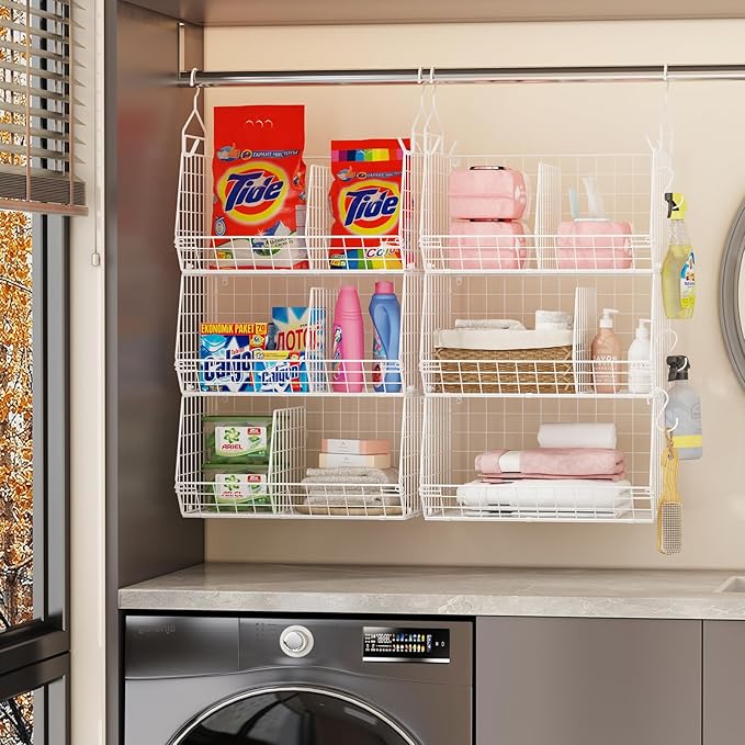 7 Tier Hanging Closet Organizer and Storage, Foldable Wire Closet Shelving with 4 Large Hooks+5 S Hooks,Hanging Basket for Clothes Sweaters Shoes Handbags,Wardrobe Kitchen Laundry Room-White
