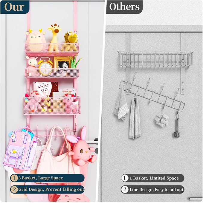 Consumest Over The Door Hooks Organizer - 4 Tier Door Coat Rack with 3 Baskets and 12 Hooks, Stainless Steel Towel Hanger for Bedroom, Bathroom, Living Room, Pink