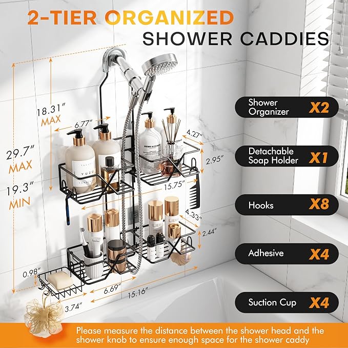Adjustable Height Shower Caddy Hanging for Handheld Shower Heads, Shower Racks with Soap Holder 8 Hooks, No-Drilling, Anti-Swing, Bathroom Storage Shower Organizer
