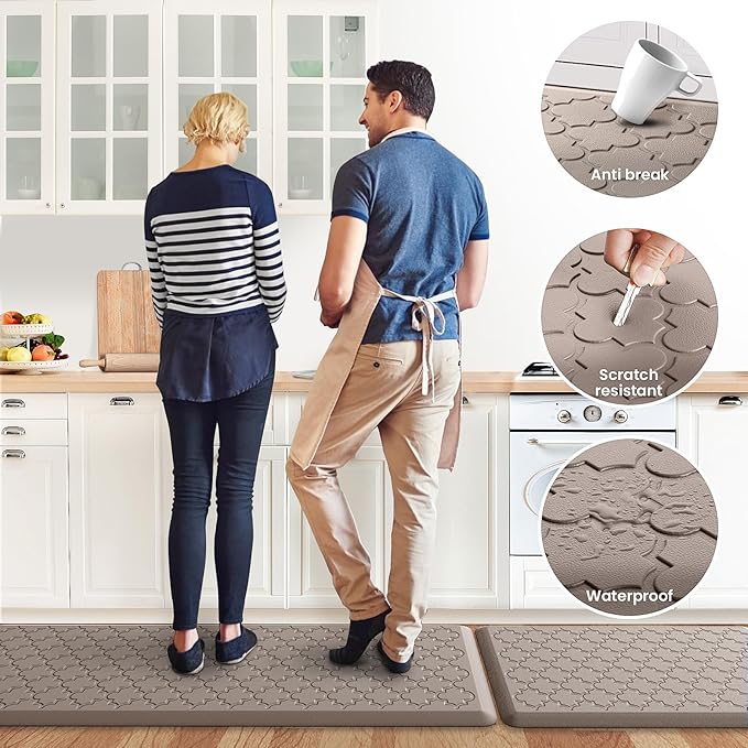 Kitchen Mat [2 PCS] Cushioned Anti-Fatigue Floor Mat Water Resistant Non-Skid Kitchen Mats and Rugs Ergonomic Comfort Foam Kitchen Rugs Standing Mat for Floor Office Sink (Khaki,20"x30"+20"x60")