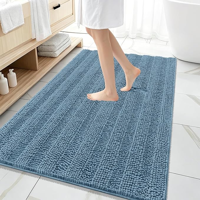 OLANLY Thick Large Bathroom Rugs 59x35, Extra Soft Absorbent Chenille Striped Bath Rugs, Rubber Backing, Machine Wash, Bath Mats for Bathroom Floor, Tub and Shower, Home Decor Accessories, Airy Blue
