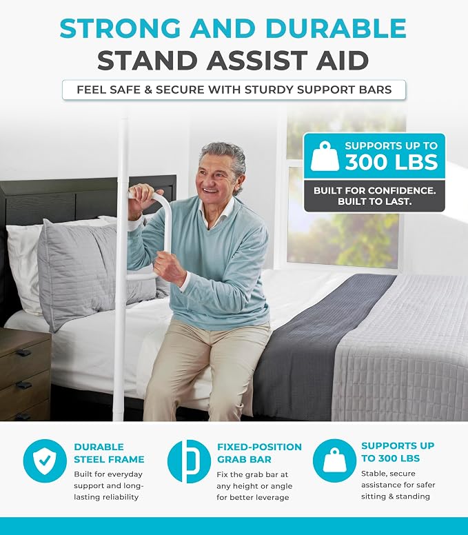 Stander Single Handle Non-Rotating Floor to Ceiling Grab Bar, No-Drill Tension Mounted Transfer Pole for Seniors, Bath Safety & Bedside Assist Rail for Home Standing Support & Fall Prevention, White