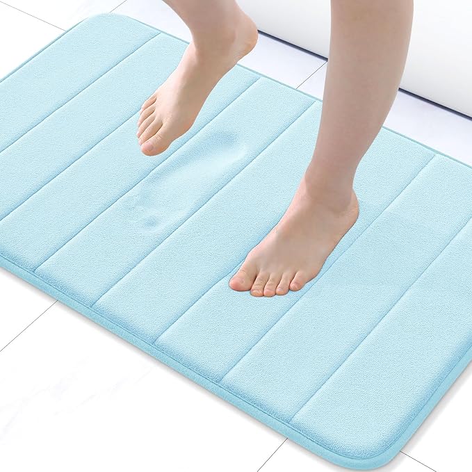 Buganda Memory Foam Bath Mat, 24" x 16", Ultra Soft and Non-Slip Bathroom Rugs, Water Absorbent and Machine Washable Bath Rug for Bathroom, Shower, and Tub, Light Blue