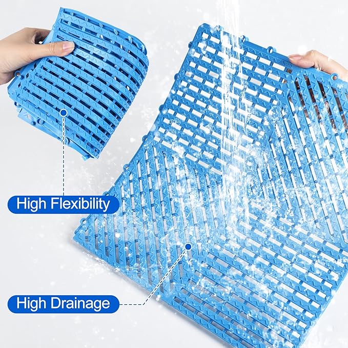 ToLanbbt Modular Interlocking Cushion 12P 11.8" x 11.8" Interlocking Rubber Floor Drain Holes Non-Slip Splicing Drainage Mats for Deck, Shower, Kitchen, Drain Pool, Sauna Bath (Blue, Diagonal)