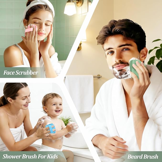Silicone Back & Face Scrubber & Bath Glove Set 3PCS, 13.4'' Gentle Back Scrubber with Dual-Side Head, 360° Anti-Slip Bath Glove, Unique Side-bristled Face Scrubber for All-round Cleaning(Green)