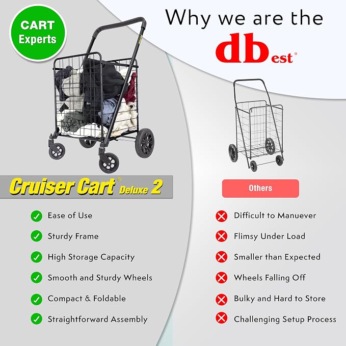 dbest Products Cruiser Cart Deluxe 2 Shopping Grocery Rolling Folding Laundry Basket on Wheels Foldable Utility Trolley Compact Lightweight Collapsible, Black