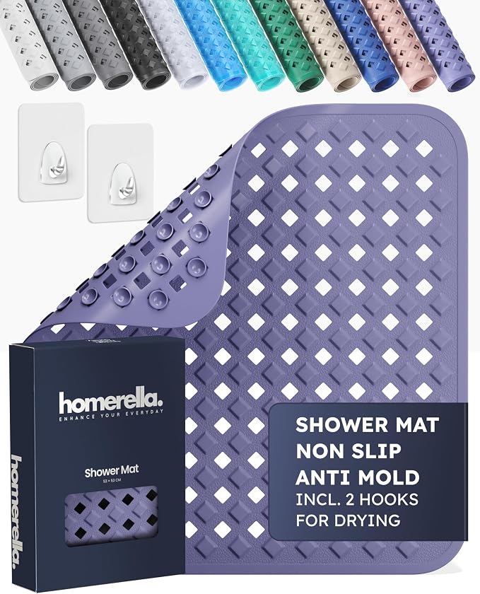 homerella® Shower Mat Non Slip Anti Mold, Non Slip Shower Mats for Inside Shower Stall Anti Slip Mat, Square Shower Floor Mat 21 x 21 in with Suction Cups & Hooks for Quick Drying, Machine Washable