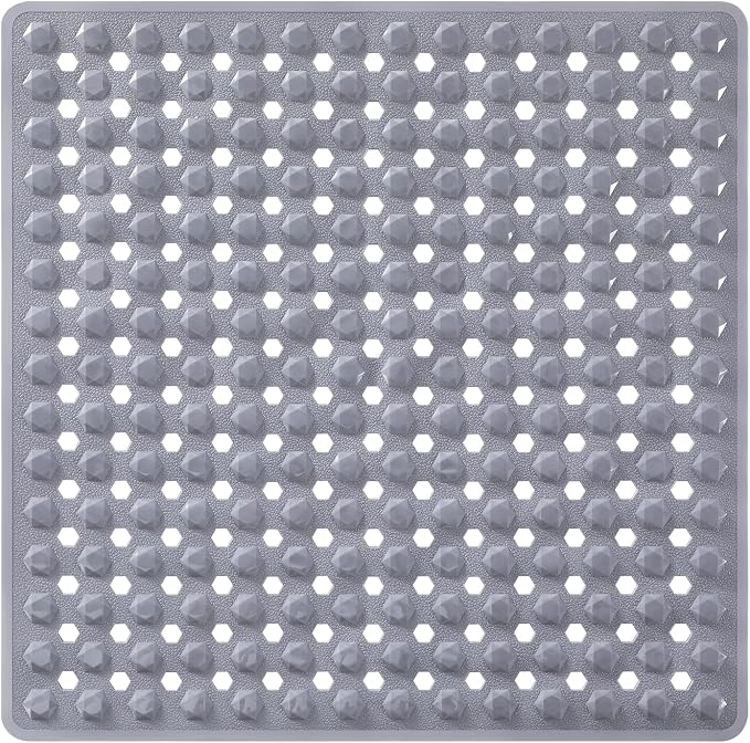 Yimobra Square Shower Floor Mat Non Slip, 21"X21" Machine Washable Bath Tub Mat, Soft on Feet, Bathmat with Drain Holes and Suction Cups, Fast Draining, Grey