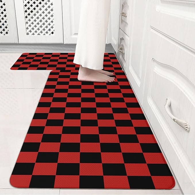 Black Red Christmas Checkered Grid Checkerboard Kitchen Rug Sets [2 PCs], Anti-Fatigue, Waterproof Non-Slip Kitchen Mats Heavy Duty Comfort Foam Rug for Kitchen, Floor, Laundry,17"x29"+17"x47"