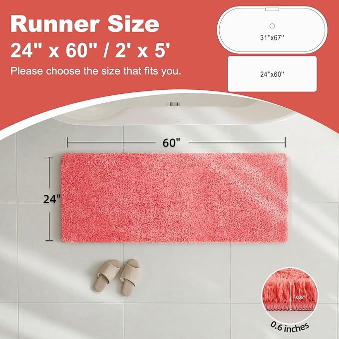 TYUU Bathroom Runner Rug, Ultra Soft Long Bath Mat Machine Washable Super Absorbent Quick Dry Bathroom Runner Rugs 24 x 60 Non Slip, Pink 24" x 60"