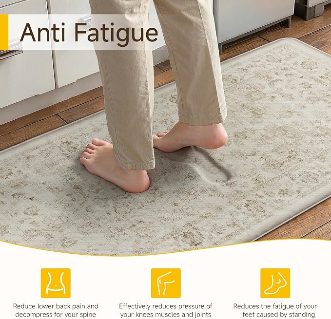 Thick Anti Fatigue Kitchen Mats 2PCS Beige Neutral Cushioned Vintage Floor Mat Non-Slip Waterproof Comfort Standing Rug for Sink Laundry Office 17.3"×47"+17.3"×30" (0.47inch)