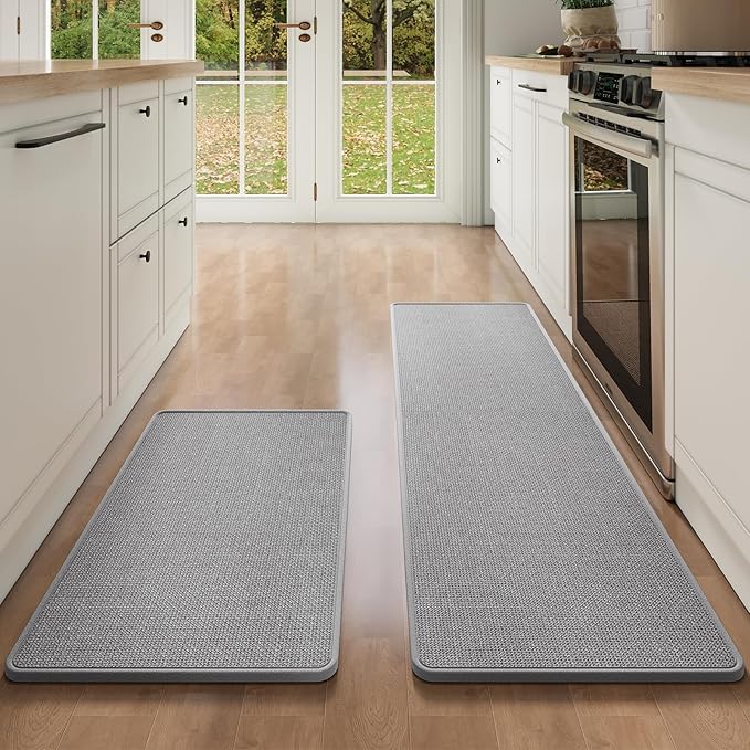 YDKGL Kitchen Mat Kitchen Rugs Sets of 2 PCS Non Slip Washable, Linen-Like 0.3" Thick Cushioned Absorbent Kitchen Mats for Floor, Mild Anti-Fatigue Sink Laundry Standing Mat, Gray 17"x30"+17"x59"