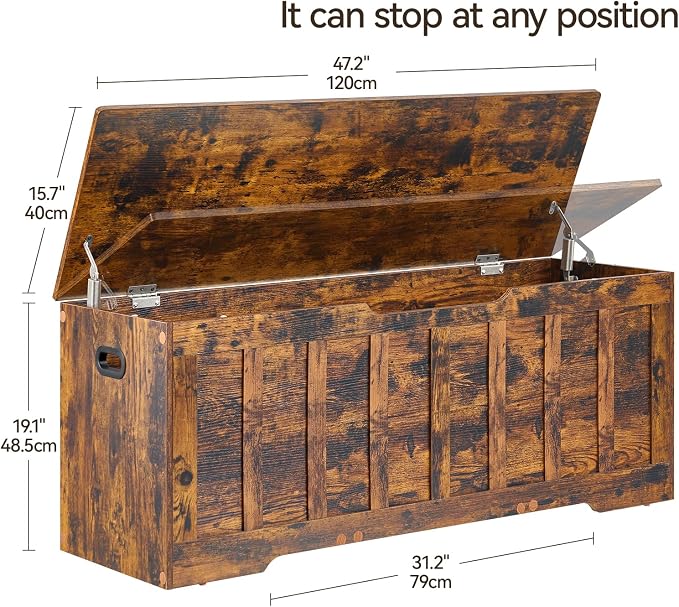 VANKILEY 47.2"Storage chest extra large,storage trunk with 2 safety Hinges,Wooden storage bench,Shoe Bench,47.2x15.7x19.1 Inch,Easy Assembly,storage bench for bedroom,living room,entryway,Rustic brown