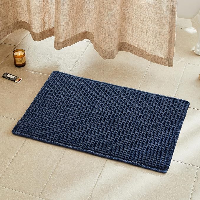 TYUU Waffle Bath Mat, Boho Bathroom Rugs Non Slip Washable Super Absorbent Quick Dry Bath Mat Farmhouse Bathroom Decor, 30"x20" Navy Blue