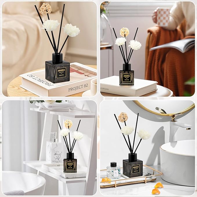 Black Glass Bottle Scent Diffuser, 1.7 oz Reed Diffuser with Sticks, Home Fragrance for Bookshelf, Bedroom Vanity, Office Desk & Bathroom Decor, Air Freshener for Aesthetic Room Decor (Gardenia)