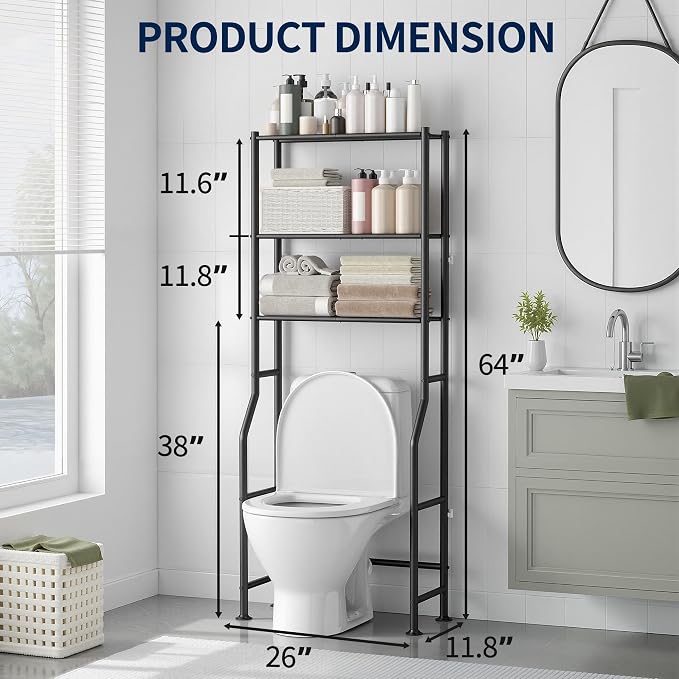 GloTika 3-Tier Over Toilet Storage Rack, Metal Over Toilet Bathroom Organizer Shelf, Freestanding Space Saver Storage Shelves for Bathroom/Laundry/Living Room (Black)
