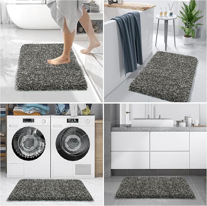 Yimobra Luxury Bathroom Rugs, Fluffy Bath Mats, Non Slip, Water Absorbent Microfiber, Machine Washable, Plush Runner Shower Rug, Thick Mat for Bathroom Floor/Tub, 60" X 24", Light Gray and Black Gray