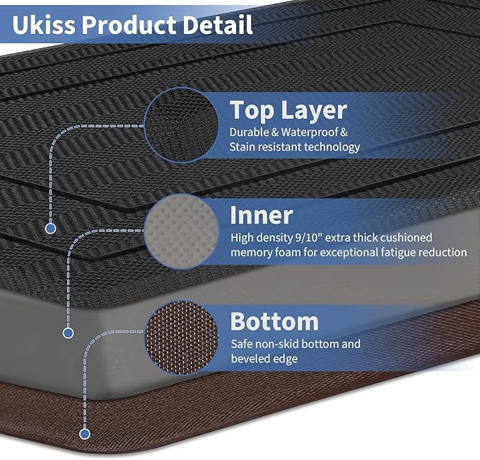 UKISS 9/10"" Extra Thick Cushioned Anti Fatigue Kitchen Mat, Waterproof High Density Foam Standing Desk Mat, Non-Slip Ergonomic Comfort Mat for Kitchen, Office,Workstation (Black, 20" X 32")
