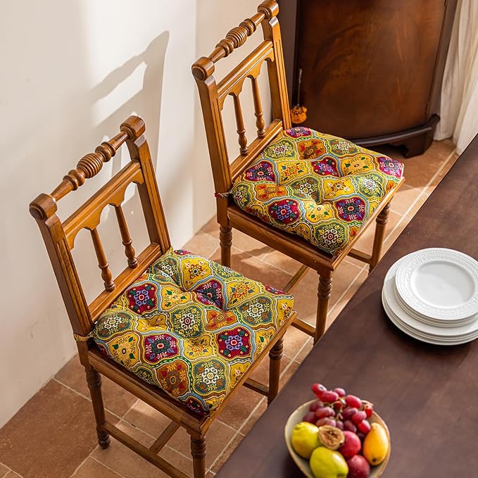 vctops Boho Geometric Chair Cushions with Ties U-Shaped Soft Cozy Cotton Linen Chair Pads Non Slip Seat Cushions for Indoor Dining Room and Kitchen Chairs (Yellow,18"x18")
