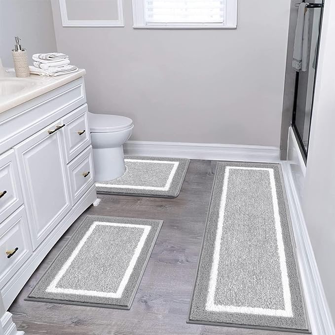 Pauwer Bathroom Rug Set 3 Piece, Non-Slip Absorbent Bath Mats, Microfiber Soft, Absorbent Plush Shaggy Carpets Includes U-Shaped Toilet Mat for Bath Floor, Shower, Light Grey